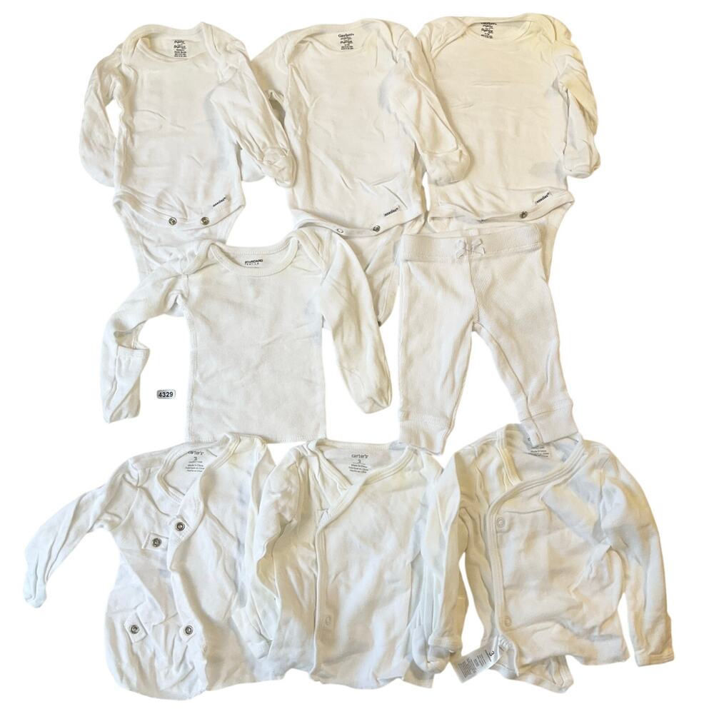 3 Gerber Baby Bodysuits NB Long Sleeve | Carter’s Blouses 3M White | Set of 8